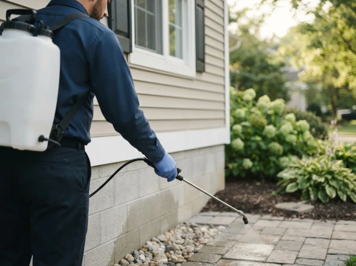 Pest control technician inspecting a home in Holt, MI
